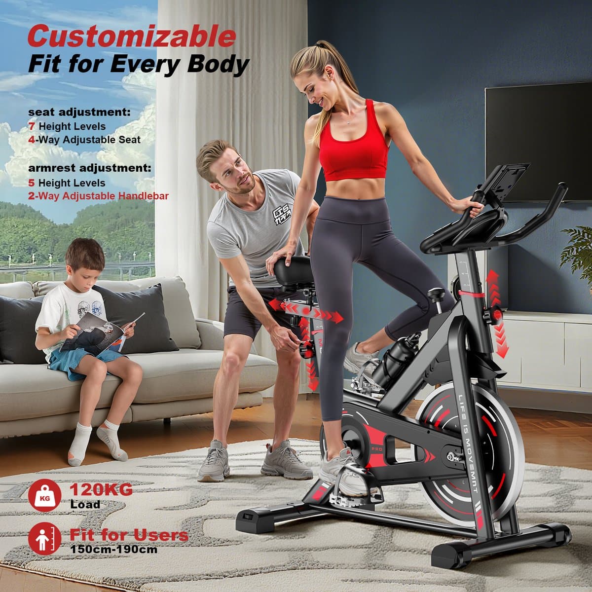 Hometrainers - Fitnessfiets voor binnenshuis met vliegwiel van 10 kg - LCD-scherm - Verstelbare stoel en armleuningen - Draagvermogen 120 kg thumbnail 5