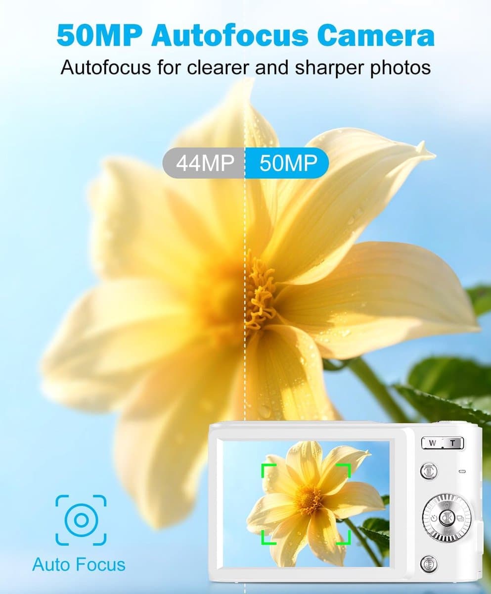 Digitale camera - Autofocus 4K Vlogging-camera voor fotografie met anti-shake, 50MP compacte point-and-shoot digitale camera voor kinderen met 16x zoom, 1 batterij, 32GB kaart (roze) thumbnail 2