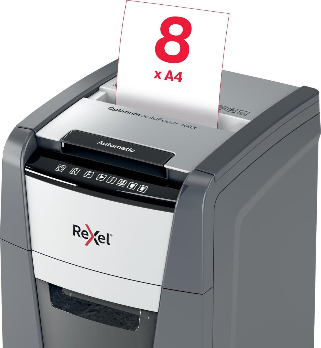 Rexel Optimum AutoFeed+ 100X Fluisterstille Papierversnipperaar - P4 Snippers - Automatische Invoer Tot 100 Vel - 34L - Zwart thumbnail 5
