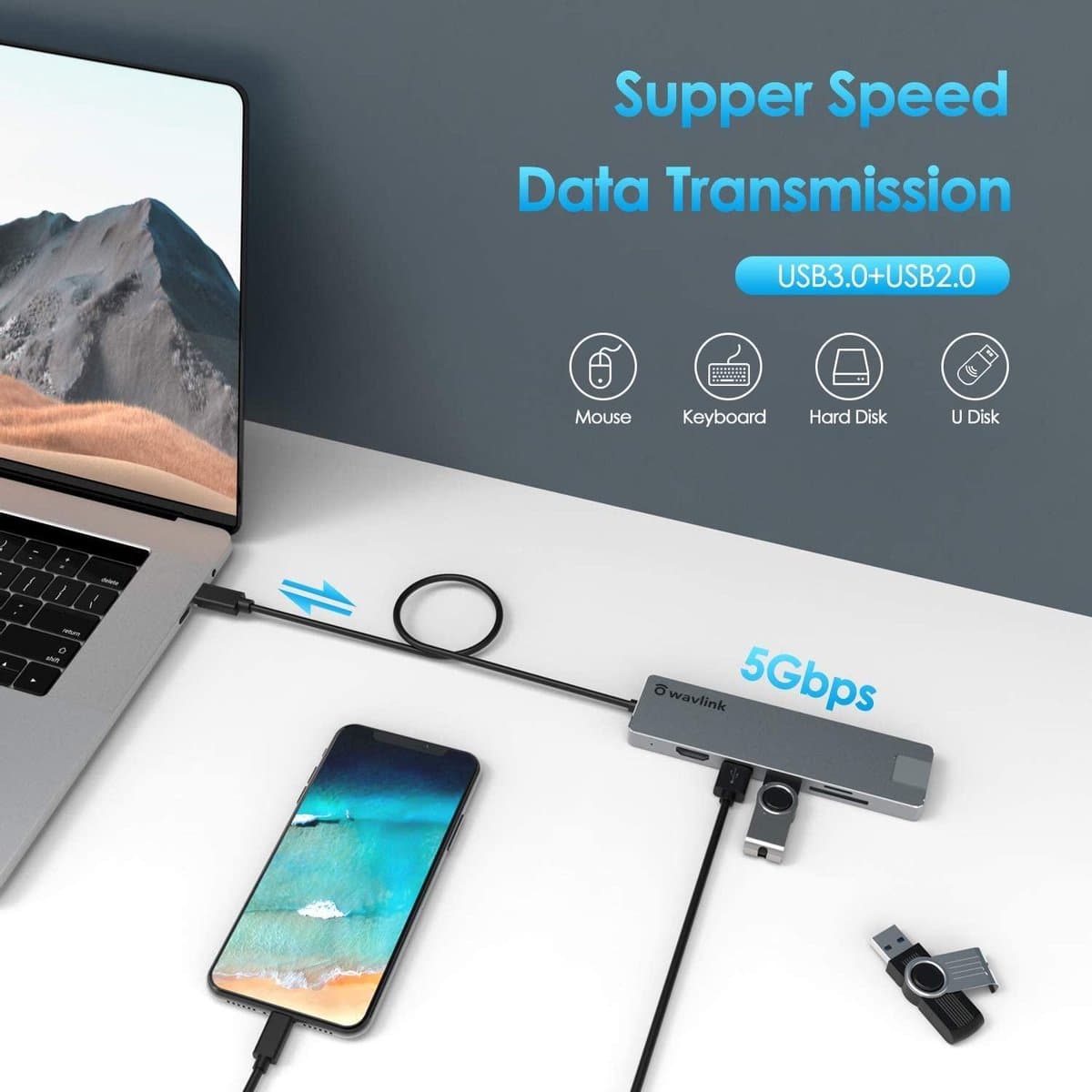 Wavlink USB-C 4K Mini Docking Station - HDMI - SD/TF kaart lezer - USB 3.0 - Ethernet poort - Multifunctioneel - Reis - USB HUB - Docking - Windows - Mac OS X thumbnail 5