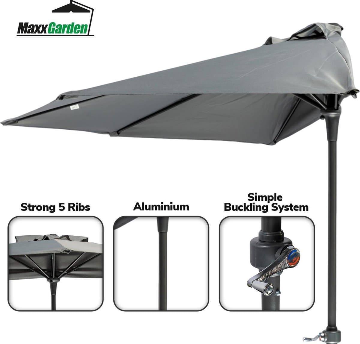 MaxxGarden Balkonparasol - Aluminium parasol - halfrond - Ø 250 cm - Antraciet thumbnail 5
