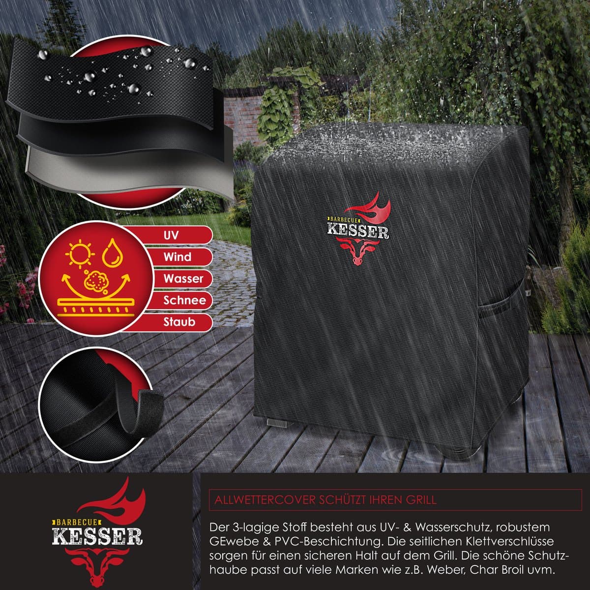 KESSER® Houtskoolbarbecue XL Barbeque Houtskool met Deksel, Wielen, Afdekkap, Roestvrij Stalen Handvat, Barbecuerooster en Thermometer, 8 Spiesen met Zakje & siliconen Borstel, grote BBQ Camping Terras Tuin thumbnail 4