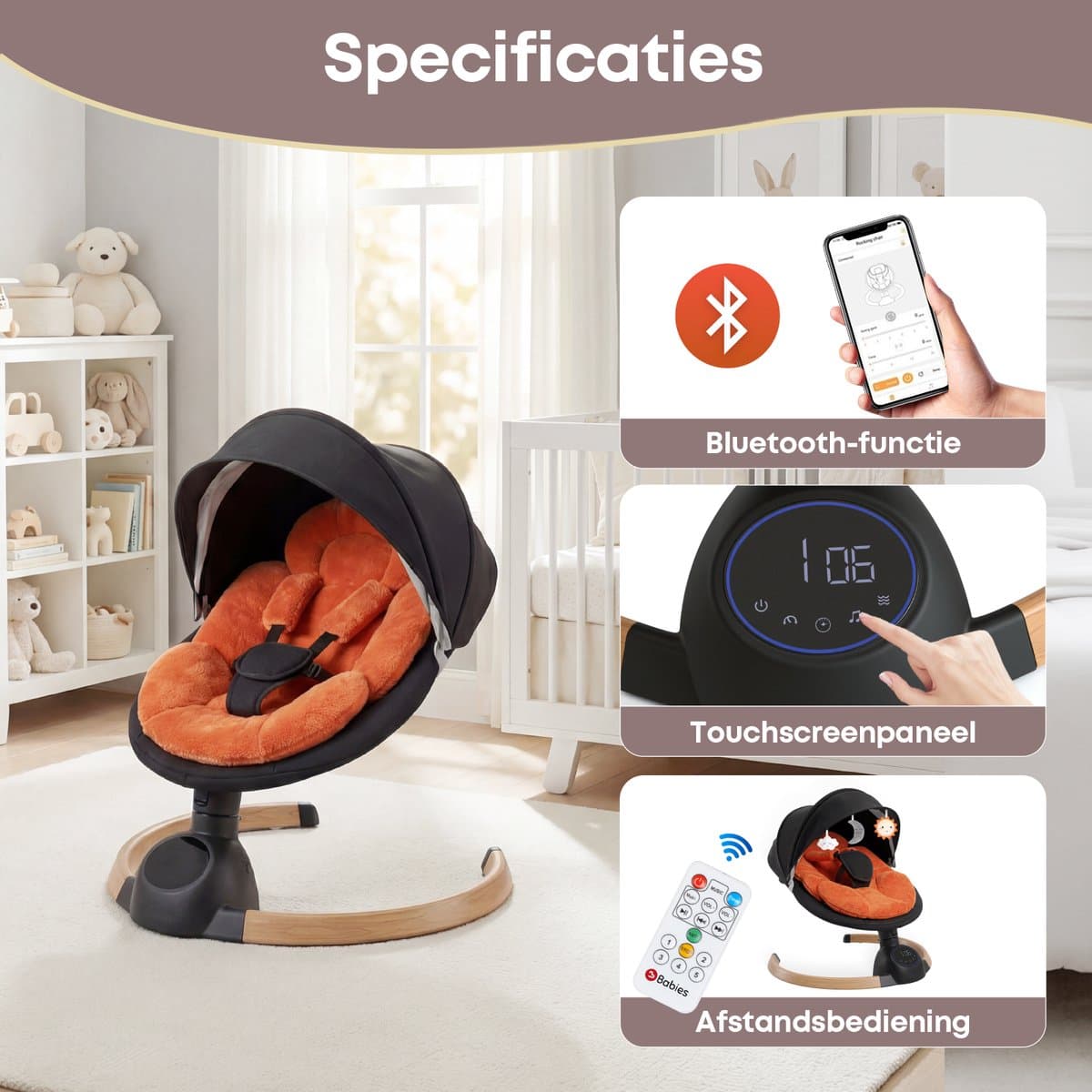 3Babies® Baby Swing – Elektrisch Wipstoel – Babyschommel – Elektrische Schommelstoel baby – Wasbare Bekleding – Afstandsbediening en App – Teddy Materiaal – Oranje en zwart thumbnail 8