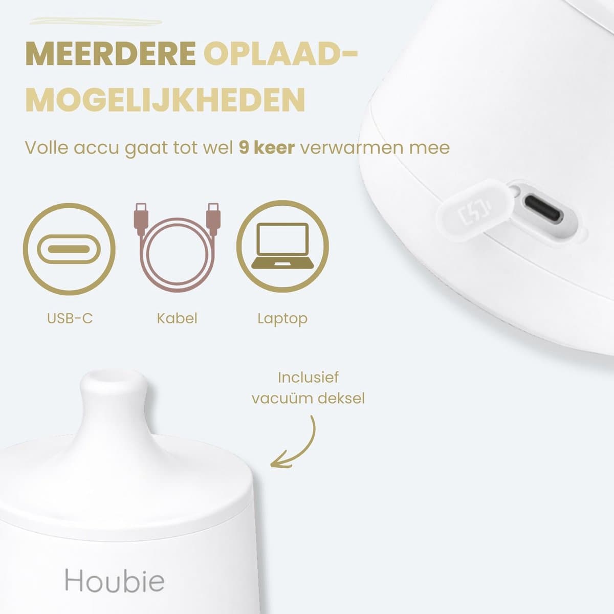 HOUBIE® Baby - Flessenwarmer onderweg - Draagbare flessenwarmer - Flessenwarmer draadloos - 4 Temperatuurniveaus - Draadloos - Inclusief 4 Adapters - USB Oplaadbaar - 9000 mAh - Wit thumbnail 5