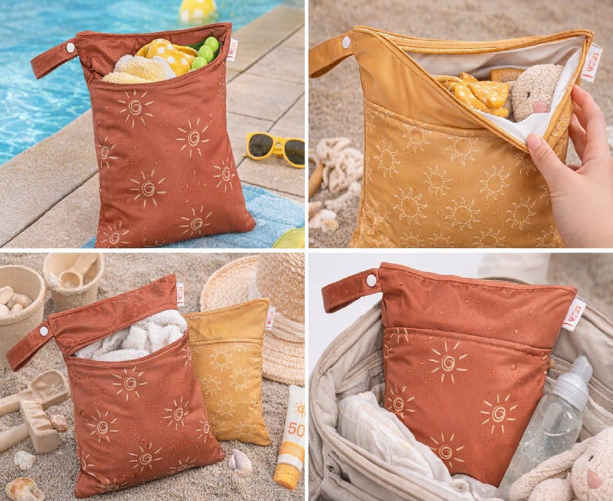 Wetbag Waterdichte Tas – 2 Stuks – Luiertas & Zwemtas – Natte Kleding, Luiers & Strand – 2 Vakken – 40x30 cm – Herbruikbaar – Golden Sun thumbnail 6