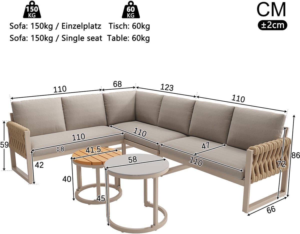 OKWISH Tuinloungeset 5 Tot 6 Personen - Modulair Met Verstelbare Tafelpoten - Balkon Tuin Terras - Metaal Olefin - Beige thumbnail 2