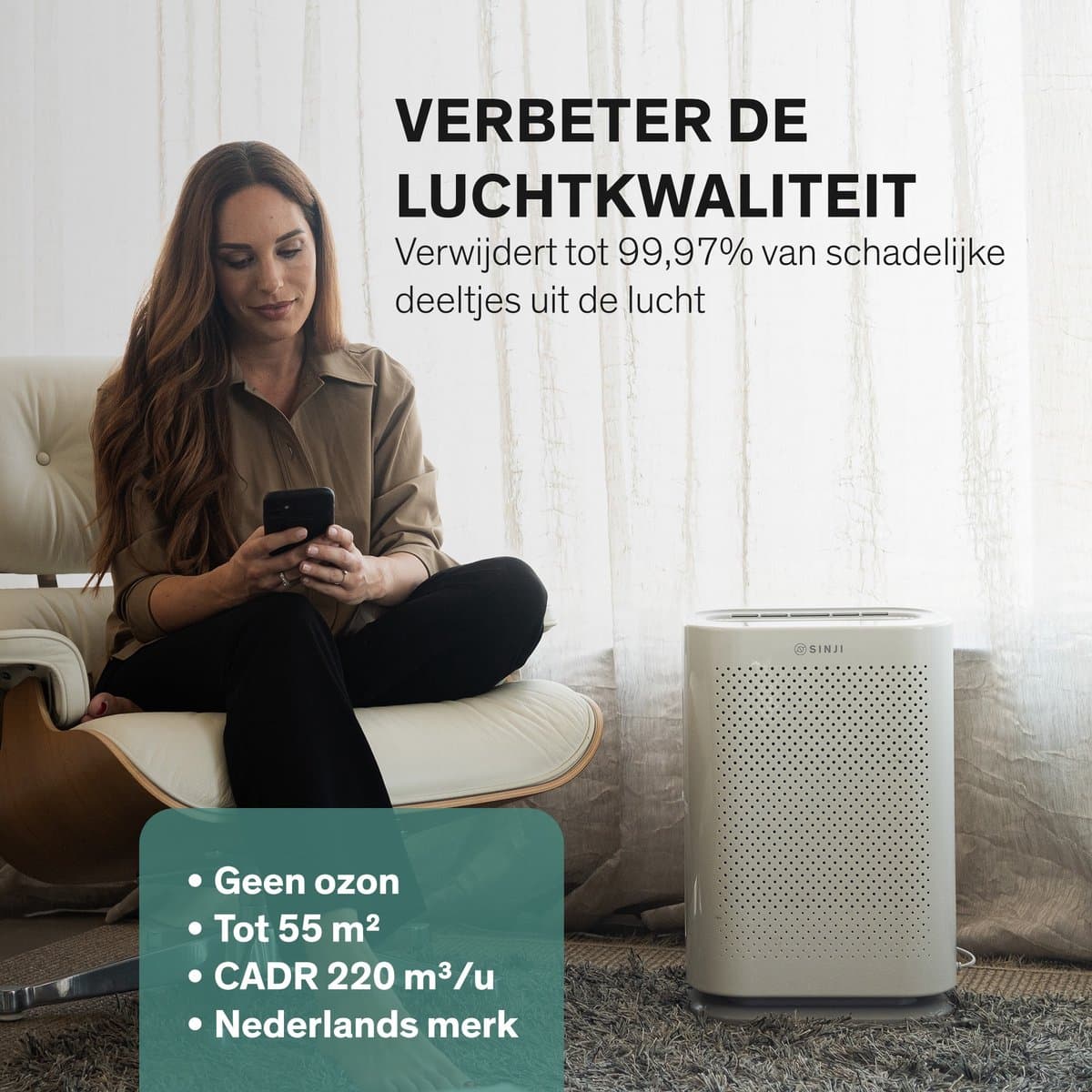 Sinji Luchtreiniger / Air Purifier – HEPA H13 + Koolstoffilter – 220 m³/u, voor ruimtes tot ca. 55 m² – Ionisatie – Afstandsbediening – Timer & Display – Helpt bij stof, pollen & huisstofmijt thumbnail 7