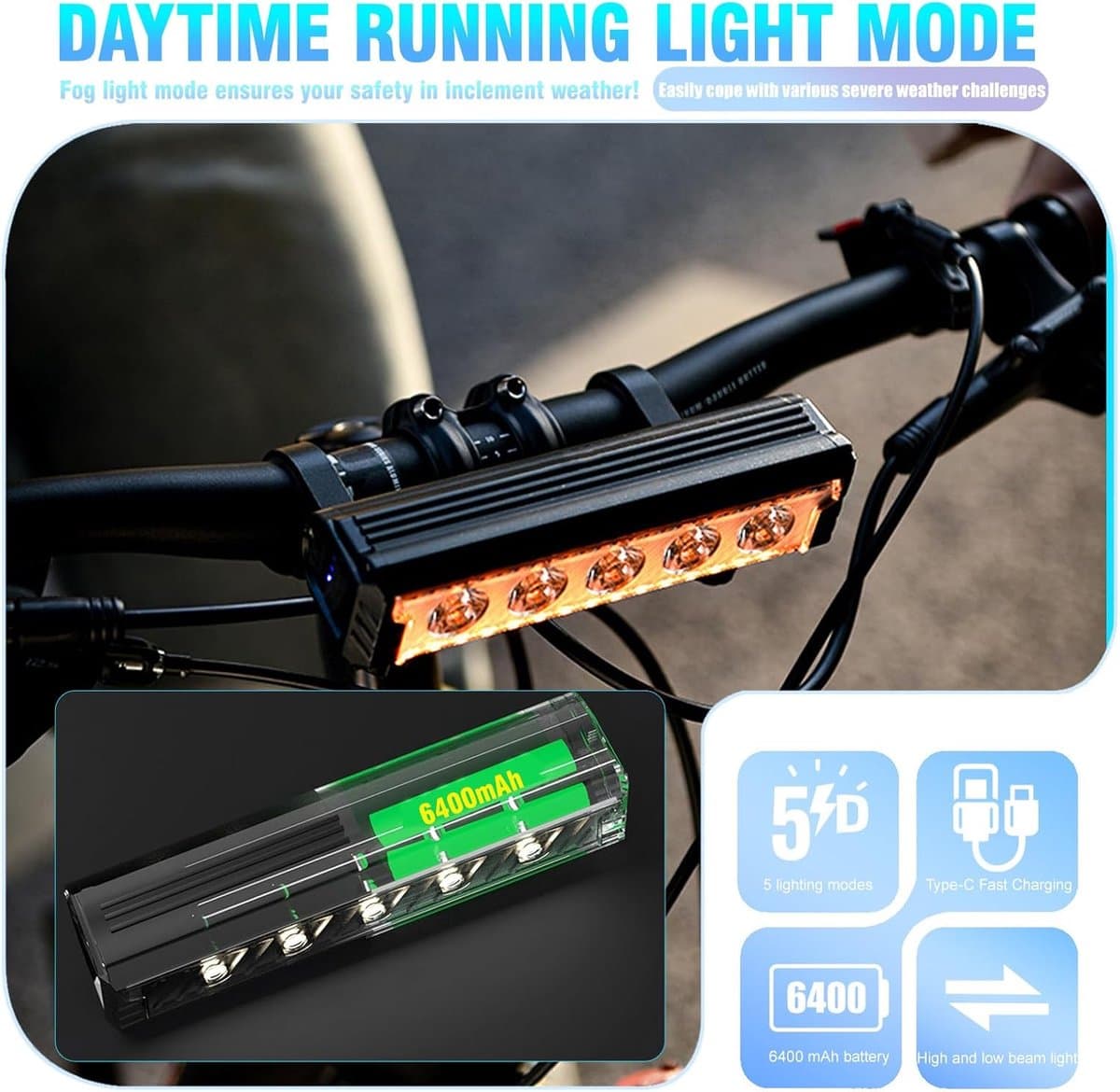 2800 Lumen E-bike Koplamp - Fietslicht - Fiets lamp - Bike light - 5 LED - 5 Standen - 6400mAh - IPX5 Waterdicht thumbnail 5