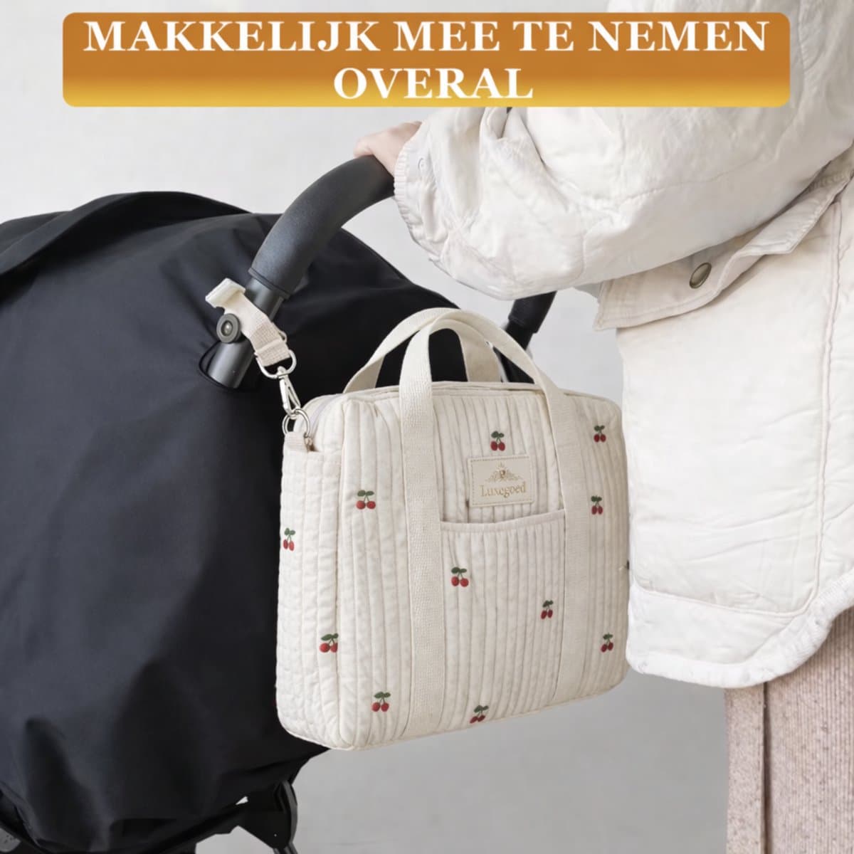 Luxegoed® Luiertas Rugzak, Verzorgingstas voor aan de kinderwagen en Buggy – Schoudertas – Kersen - XL thumbnail 7