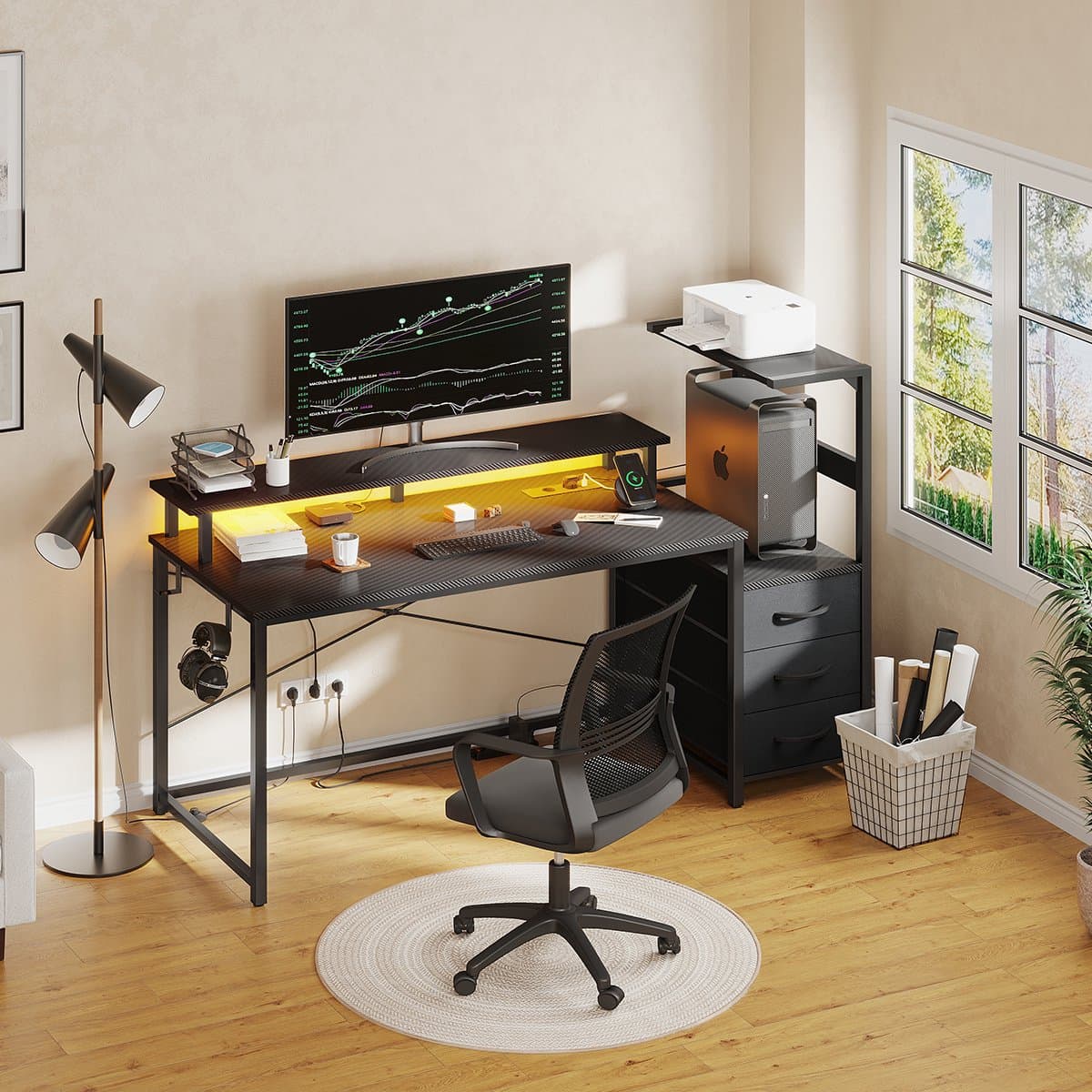 Gaming Bureau met LED Verlichting - 150L x 115H x50B cm - Hoekbureau met Stopcontact - 3 Non Woven Lade - Gaming Desk - Computer Tafel - Gaming Tafel - met Opbergplanken & IJzeren Haak - Zwart - Bureau voor Gamen, Studeren en Werken thumbnail 3