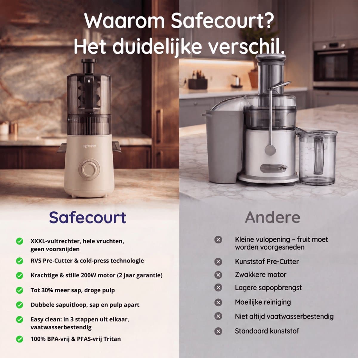 Safecourt Kitchen Slow Juicer XXL - krachtige motor [Pre-cutter & Cold-press technologie] - eenvoudige reiniging - BPA-vrij - sapcentrifuge Beige thumbnail 6