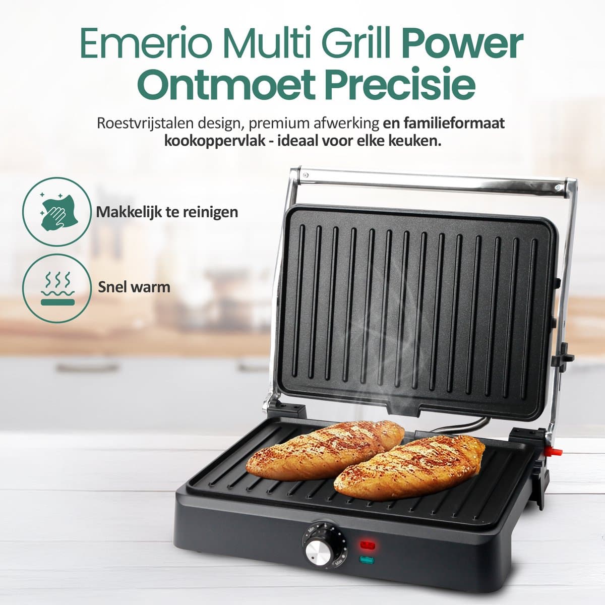 Emerio Contactgrill - Tosti Apparaat - Groot Grilloppervlak 34x24cm - Panini Grill - Tosti IJzer CG-130859 - RVS / Zwart thumbnail 6