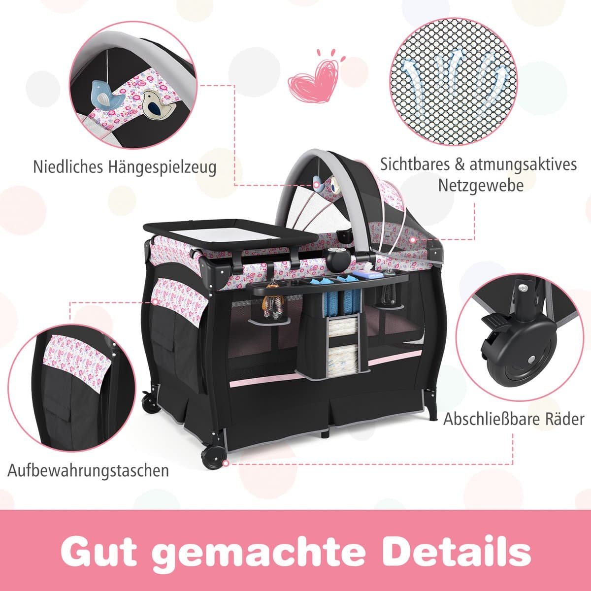 COSTWAY 5-in-1 reisbed met matras, bijzetbed inklapbaar met verstelbare luifel, babybed met aankleedkussen, muziekdoos en draagtas, kinderreisbed tot 15 kg belastbaar (roze bloemen) thumbnail 8