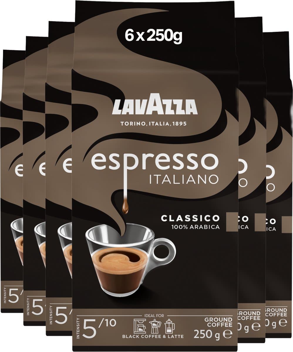 Lavazza Espresso Italiano Classico Filterkoffie - Gemalen Koffie - Blend van Arabica & Robusta Bonen - Intensiteit 5/10 - 6 x 250 gram