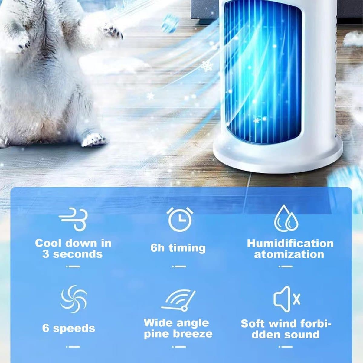 Ventilator - 9,5 inch - Elektrische mistventilator - Torenventilator zonder bladen met 6 snelheden - Met watertank van 300 ml - Badkamer/kantoor - Speciale stille mist - Wit thumbnail 2