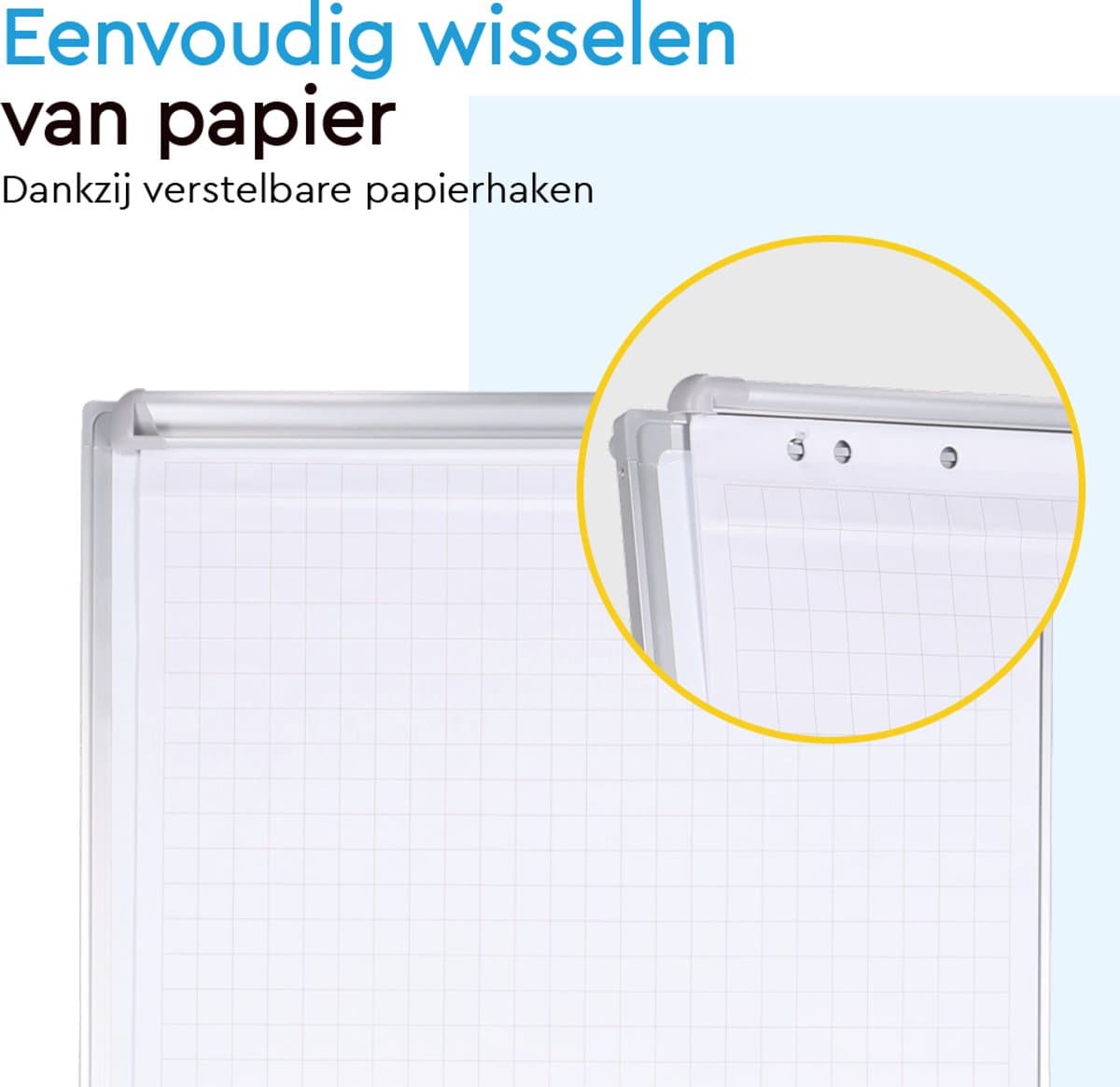 BRASQ Flipover Verrijdbaar - 70x100 cm - Verstelbaar Whiteboard - Inclusief 25 vellen papier, 4 Stiften, 8 Magneten, Wisser - Flipover met Papierklem en Haken - Magnetisch bord - Magneetbord - Wit thumbnail 8