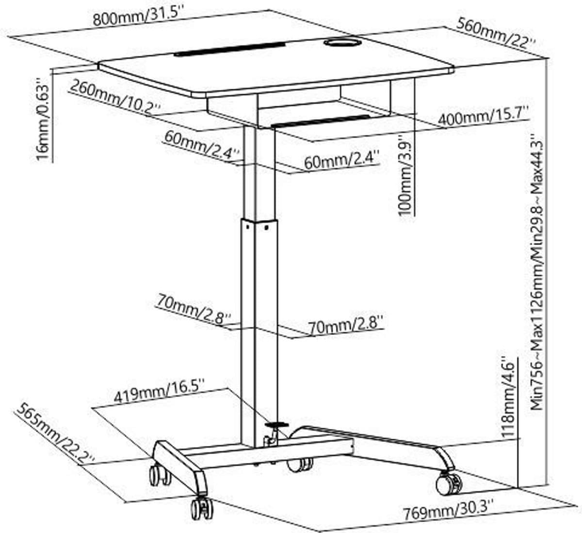VDD Gaming - Katheder - Lessenaar - Bureau - Laptop Tafel - Zit Sta Bureau - Verrijdbaar - Workstation - Laptop Standaard - Laptoptafel - Bijzet Tafel op Wielen - Zwart - In hoogte verstelbaar - Maximale hoogte 113 cm - Bureaublad - 80 x 58 cm thumbnail 2