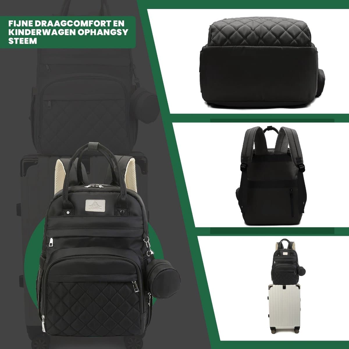 Luxegoed® Luiertas Rugzak met Verschoonmatje - Luiertassen - Rugtas - Zwart - Inclusief – Buggy /kinderwagenhaken, spenenetui en Isoleervak – Complete Set thumbnail 7