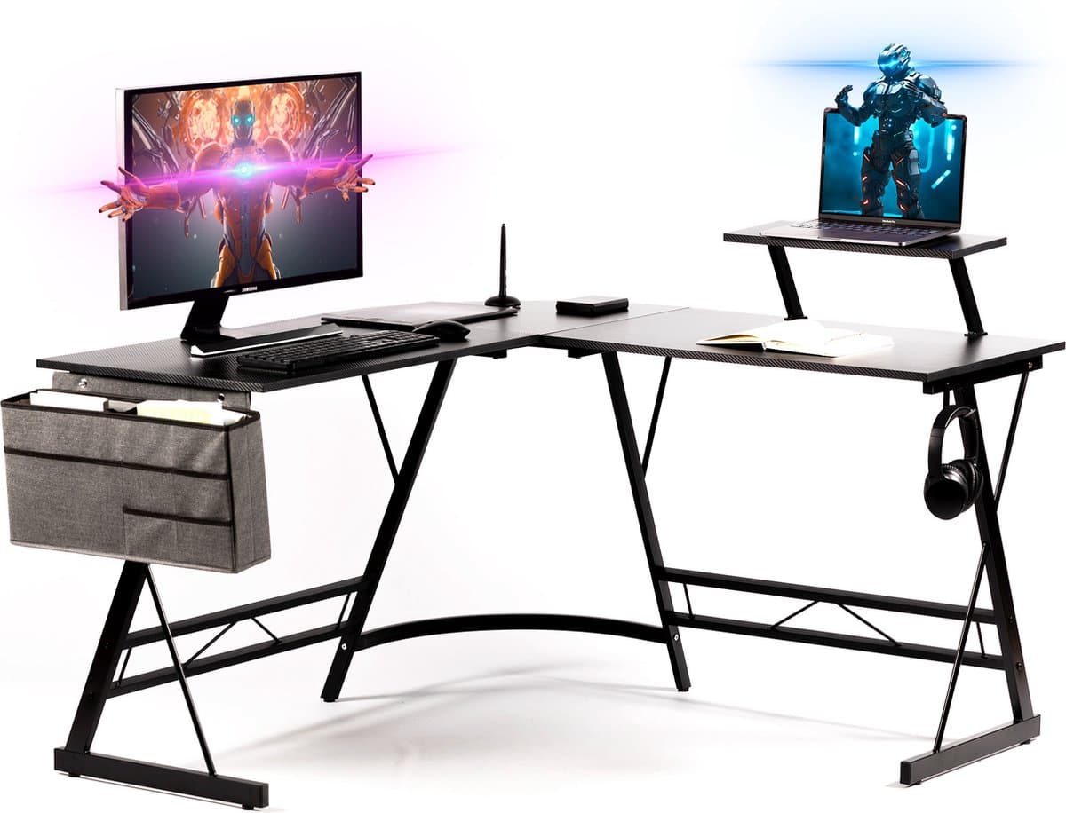 Gadgy Gaming Bureau Carbon PRO - Game HoekBureau 130 CM Breed - Game Bureau met Carbon Details - Gaming Desk met Koptelefoonhouder, Scherm Verhoging & Opbergmand - Level Up met Gadgy - Zwart Carbon