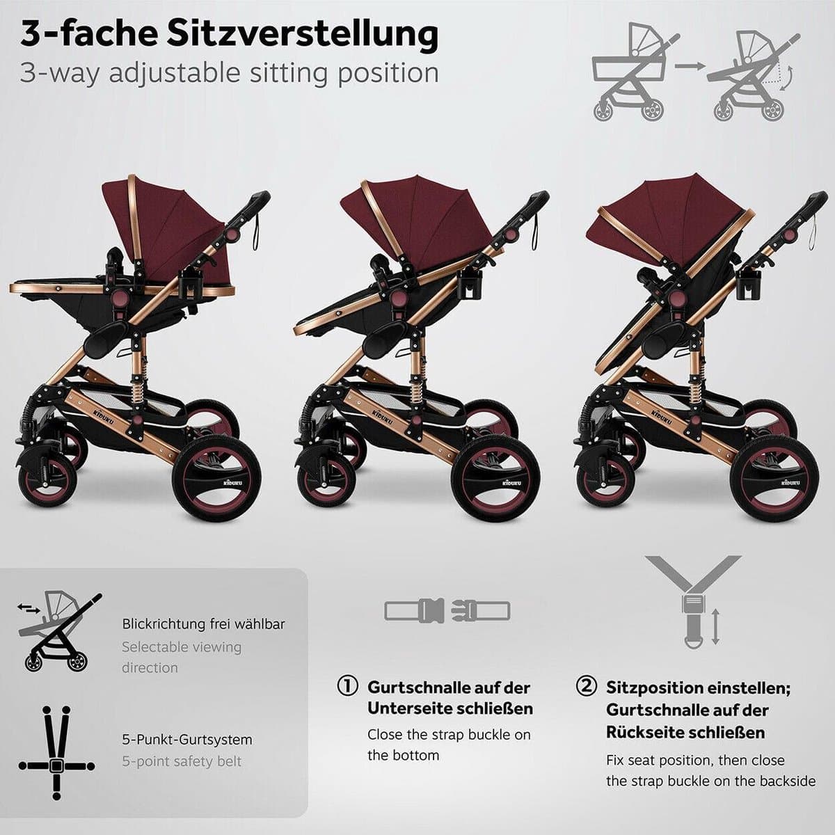KIDUKU- 3 in 1 combi-kinderwagen- bordeaux- zwart-goud- buggy incl. autostoeltje-regenhoes- inklapbaar thumbnail 2
