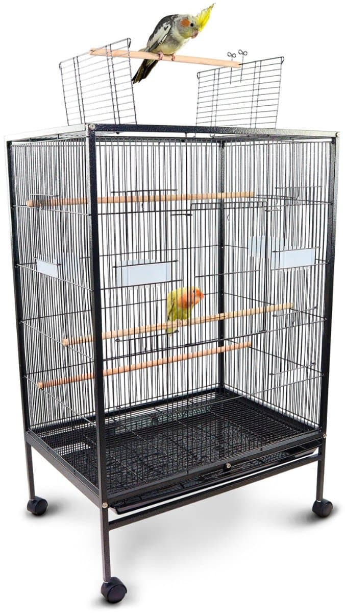 Mobiclinic Ninfa - Vogelkooi - Met zitplaats en accesories en wielen - Eet en drinkbakken - 95 x 43 x 61,5 cm - 8 poorten - Uitneembare lade - Zwart