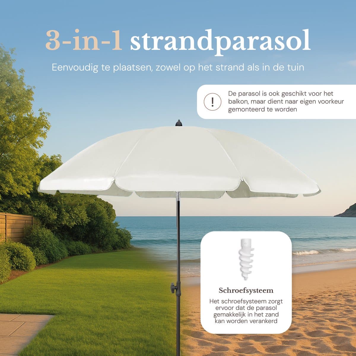 O’DADDY® Parasol Set – Kantelbaar & Verstelbaar – Waterdicht – UV-Bestendig – Met Grondboor & Draagtas – Strand, Tuin & Balkon – 180 cm – Beige thumbnail 4