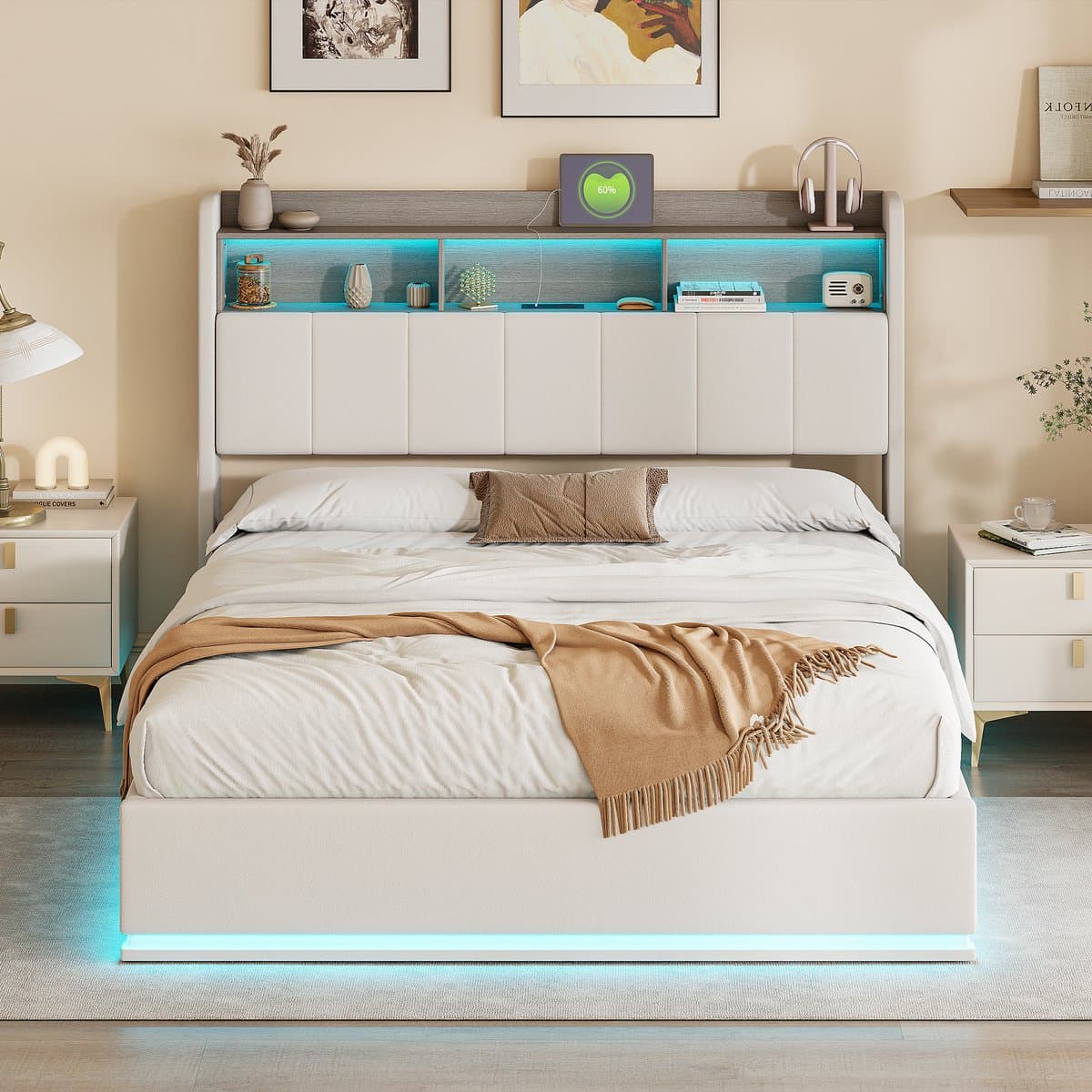 Hydraulisch Tweepersoons Opbergbed 160x200 cm Wit Fluweel met LED, USB en Bedhoofdopslag thumbnail 6