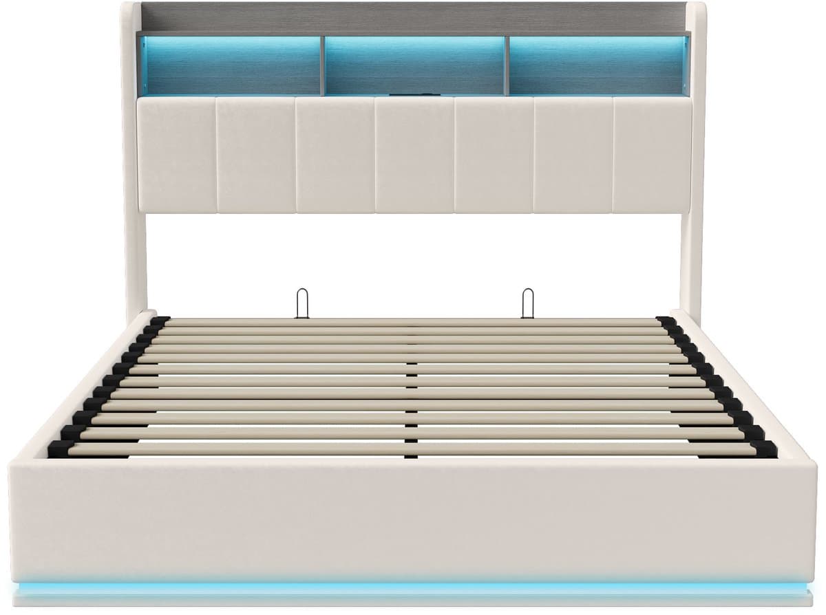 Hydraulisch Tweepersoons Opbergbed 160x200 cm Wit Fluweel met LED, USB en Bedhoofdopslag thumbnail 2