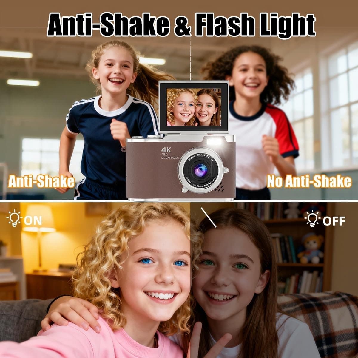 Digitale camera - 4K Digitale Camera 48MP met Flip Screen – Selfiecamera met 8x Zoom + 32GB Geheugenkaart - met 2,4 inch HD-kantelscherm, ingebouwd LED-invullicht - Vlogcamera - digitale camera kinderen - voor tieners en studenten (Bruin) thumbnail 4