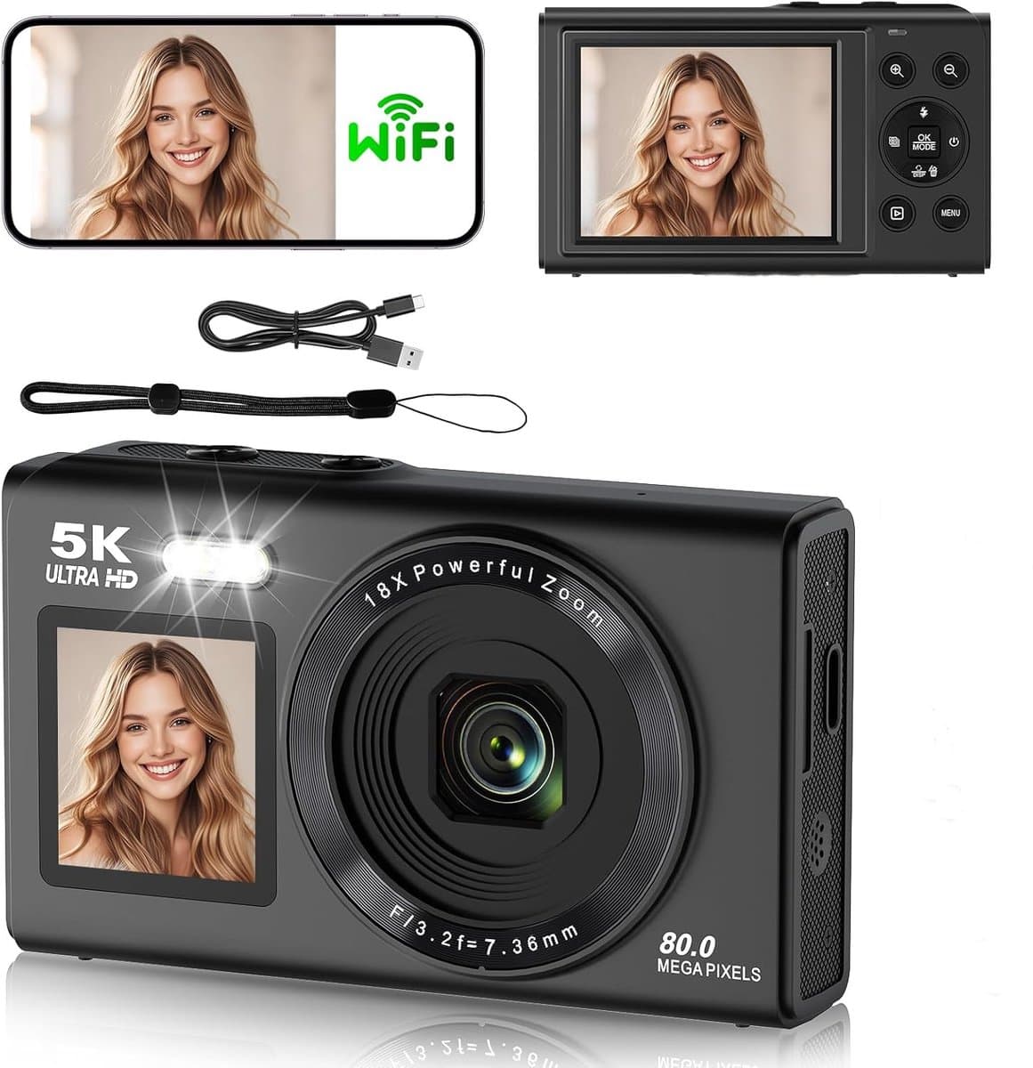 Camera - 5K Digitale camera - 80MP camera met dubbel scherm voor fotografie en vloggen, 18x zoom, autofocus, invullicht, compacte vlogcamera voor studenten, reizen, tieners en beginners, inclusief 64GB geheugenkaart fototoestel（zwart）