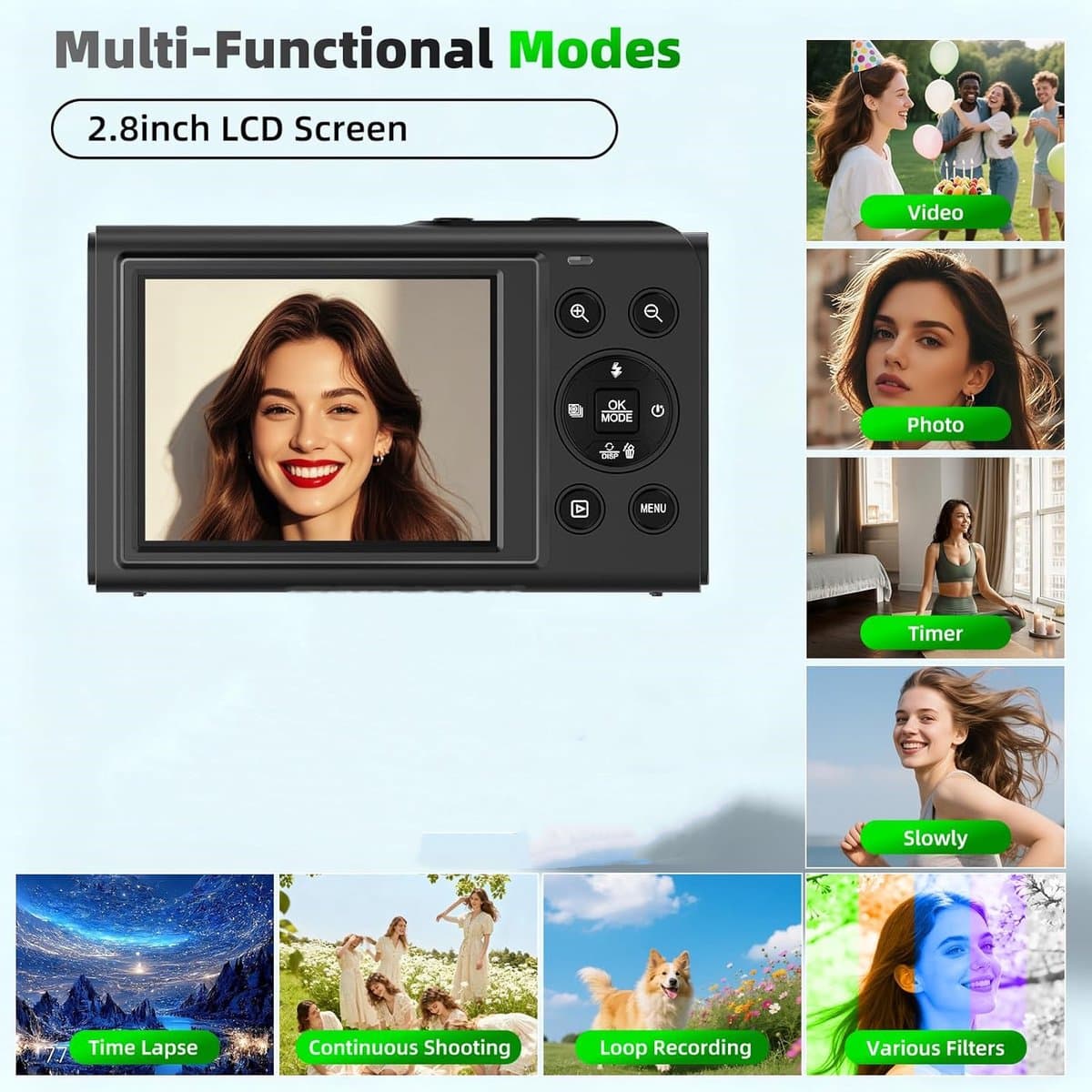 Camera - 5K Digitale camera - 80MP camera met dubbel scherm voor fotografie en vloggen, 18x zoom, autofocus, invullicht, compacte vlogcamera voor studenten, reizen, tieners en beginners, inclusief 64GB geheugenkaart fototoestel（zwart） thumbnail 3