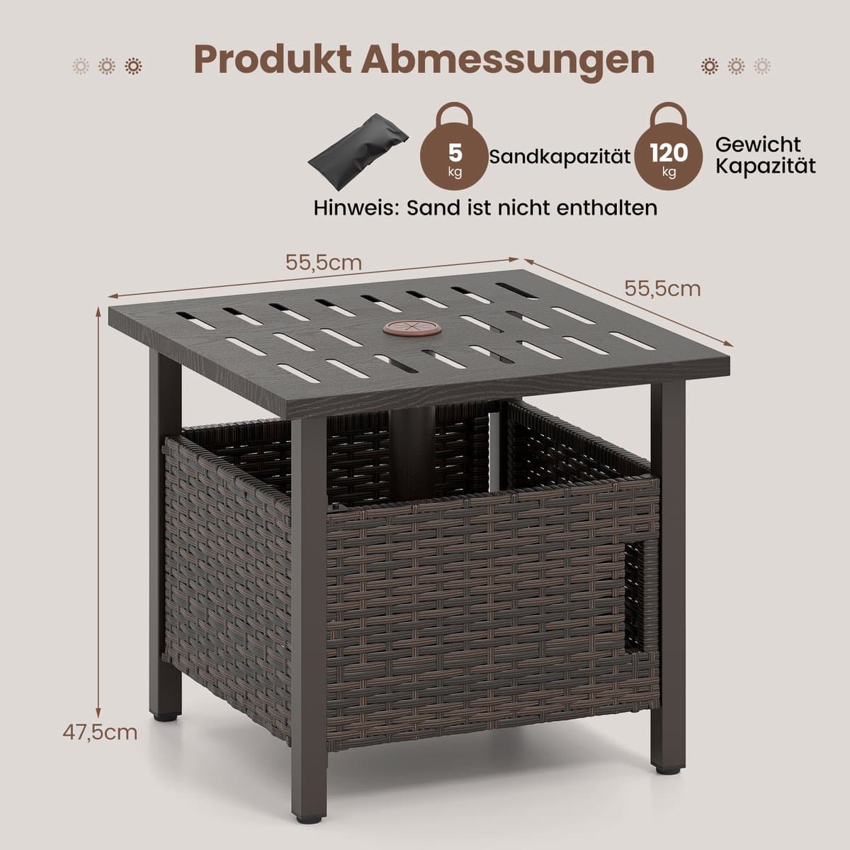 COSTWAY Bijzettafel voor buiten, weerbestendig, rotan tuintafel met paraplugat, kleine balkontafel, koffietafel voor tuin, balkon, terras, 55,5 x 55,5 x 47,5 cm thumbnail 7