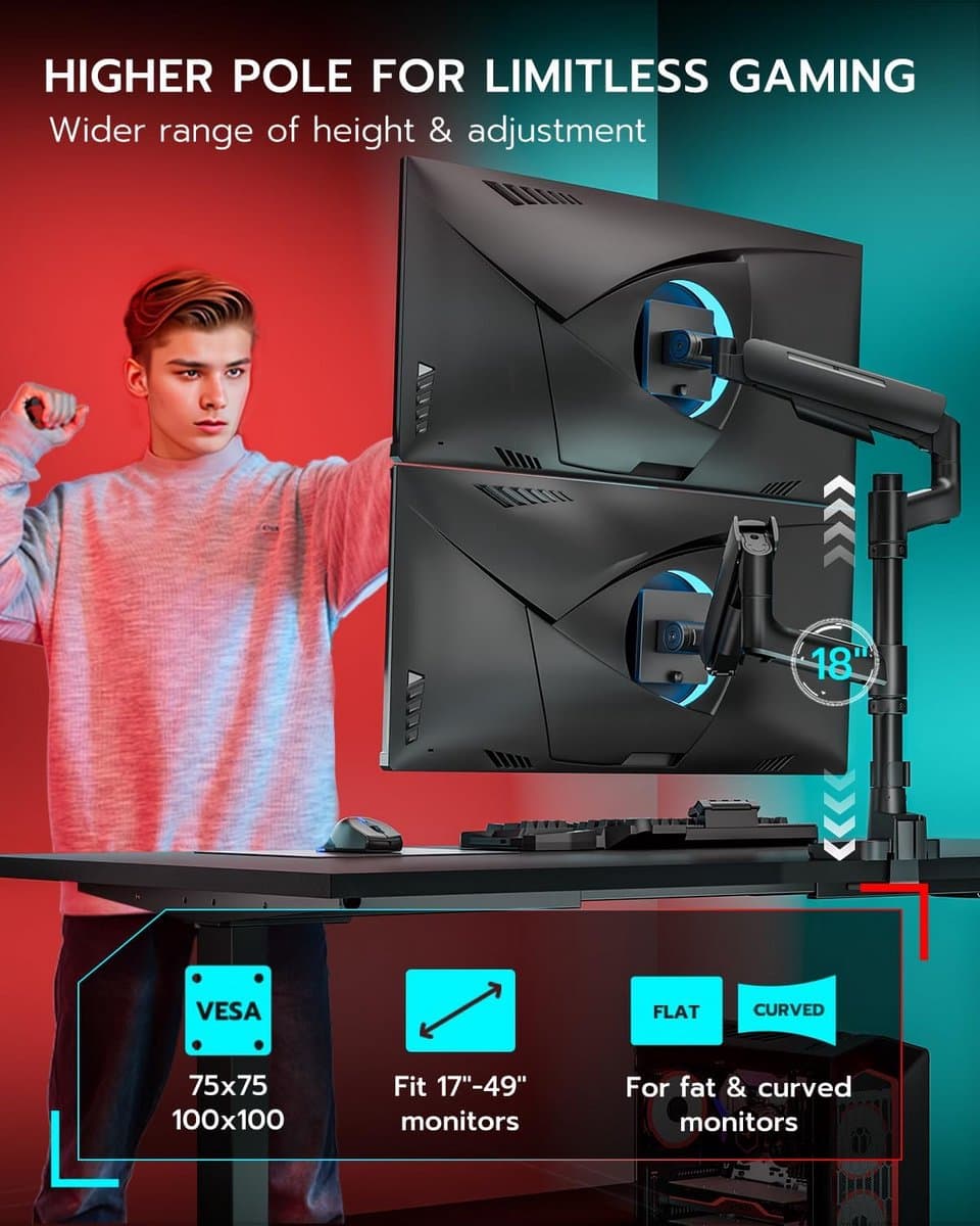 Dubbele Verticaal Monitor Arm voor 17-49 Inch Ultrawide Schermen - Zware Duty Monitorstandaard met USB en Gasveer thumbnail 2