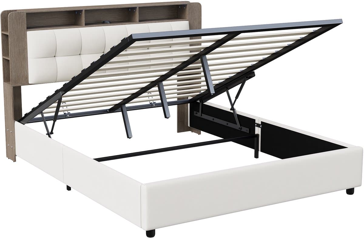 Opbergbed 160x200 cm – Beige fluwelen tweepersoonsbed – Gaslift opslag, hoofdbord-opbergruimte, LED-sfeerverlichting & draadloos opladen thumbnail 4