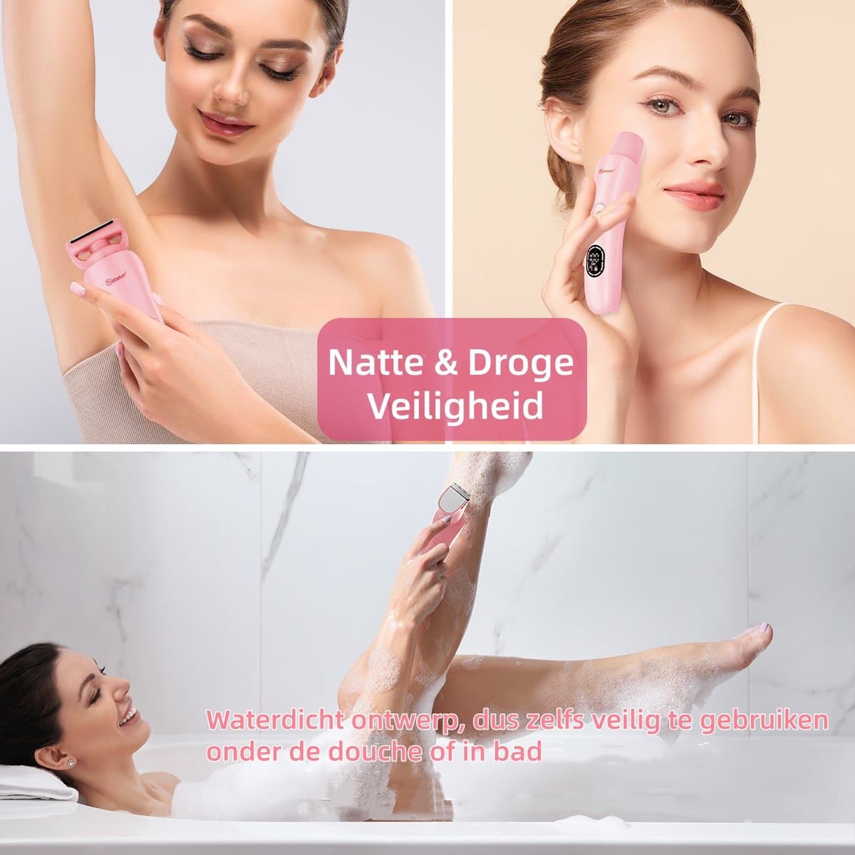 Hatteker 3-in-1 Ladyshave voor Vrouwen – Dames Scheerapparaat – Epileerapparaat – Trimmer voor Benen, Bikinilijn en Oksels – Epilator – Waterdicht IPX7 – Roze thumbnail 3