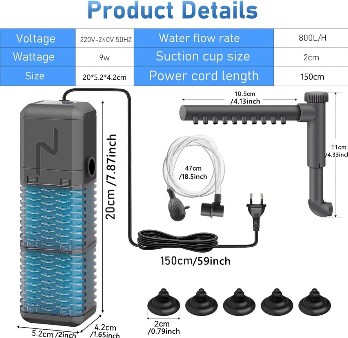 Verstelbare 800L/H Aquariumfilter Pomp - Stille Interne Filter voor Aquaria tot 250L met Spray Bar en Energiezuinige 9W Motor thumbnail 6