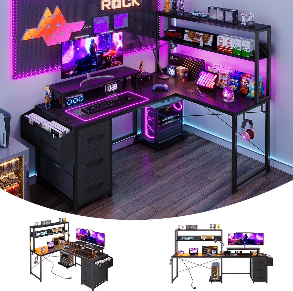 Gaming Bureau met LED Verlichting - 148x100x148 cm - L-Vormig Hoekbureau met Stopcontact - 3 Non Woven Lade - Gaming Desk - Computer Tafel - Gaming Tafel - met Opbergplanken, Tas & IJzeren Haak - Zwart - Bureau voor Gamen, Studeren en Werken thumbnail 3
