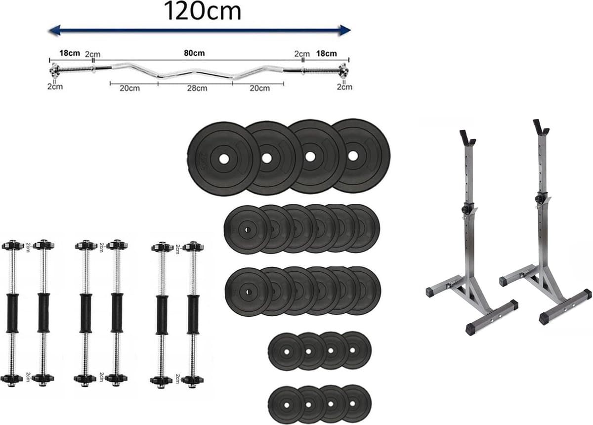 65kg Halterset 6 halters + Curl Stang - Afstelbare Gewichtenset – Fitness set – 6 x Dumbell – Halterstangset - 65kg halterschijven - afbeelding 1