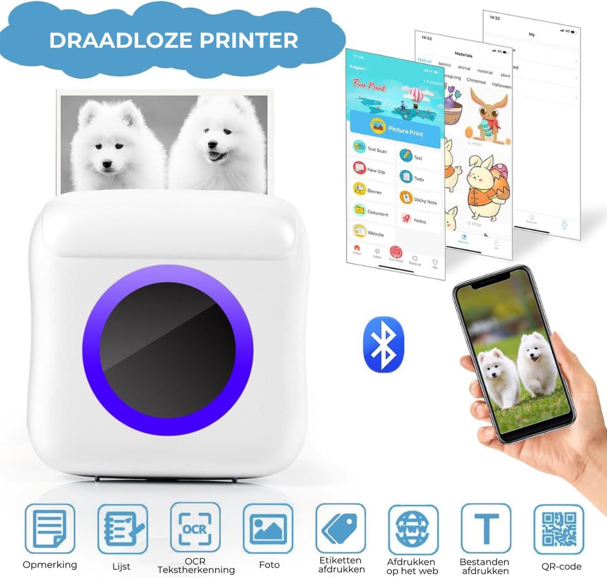 Mini Printer – Inclusief Thermisch/Zelfklevend/Etiket-Papier, USB-kabel, Aquarelpen, Transparant Sticke – Foto Printer Draadloos – Mobiele Fotoprinter - Wit thumbnail 4