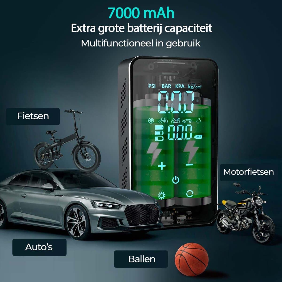 Olvy Compressor Bandenpomp - Elektrische Bandenpomp - Draagbare Luchtcompressor - 7000 mAh - Elektrische Fietspomp - Fiets/Auto/Motor/Bal/Luchtbed thumbnail 6