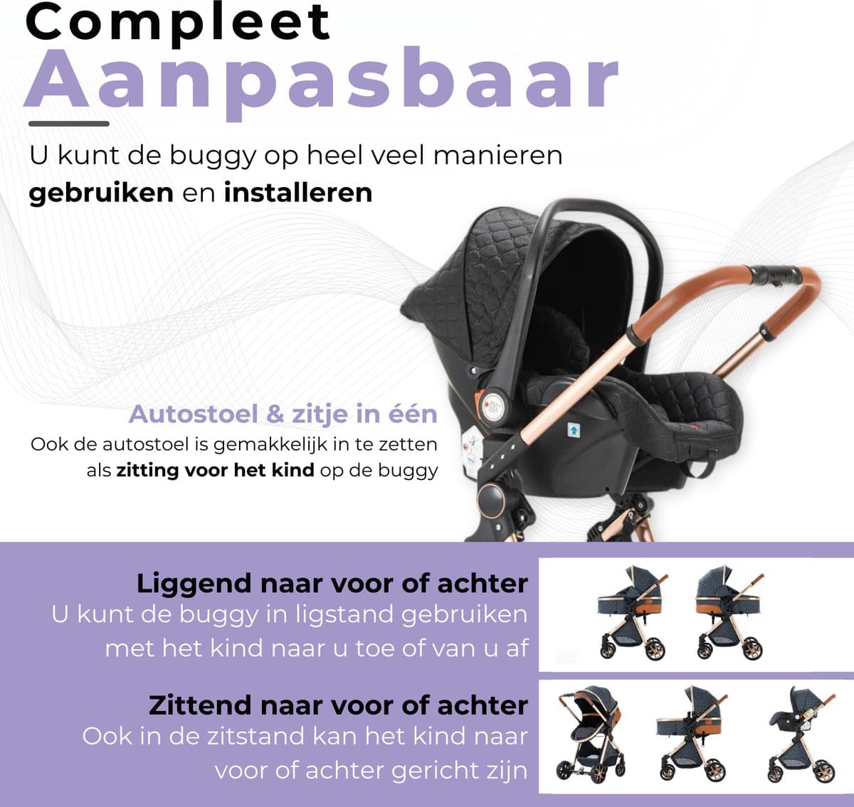 Lunola Nova - Kinderwagen 3-in-1 - incl. autostoel - 0-20kg - XXL - Multifunctionele Buggy 3in1 - Inclusief onderhoudskit - Zwart thumbnail 5