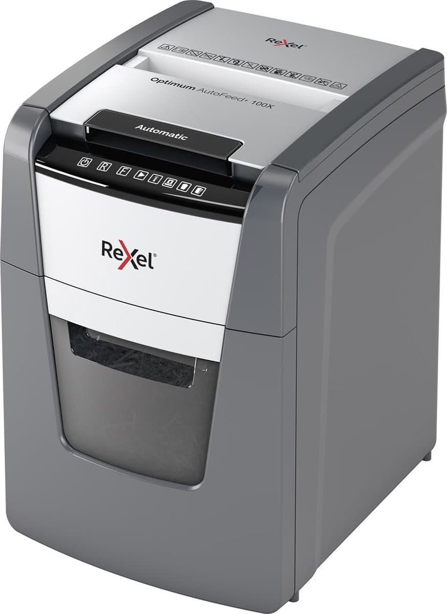 Rexel Optimum AutoFeed+ 100X Fluisterstille Papierversnipperaar - P4 Snippers - Automatische Invoer Tot 100 Vel - 34L - Zwart thumbnail 2