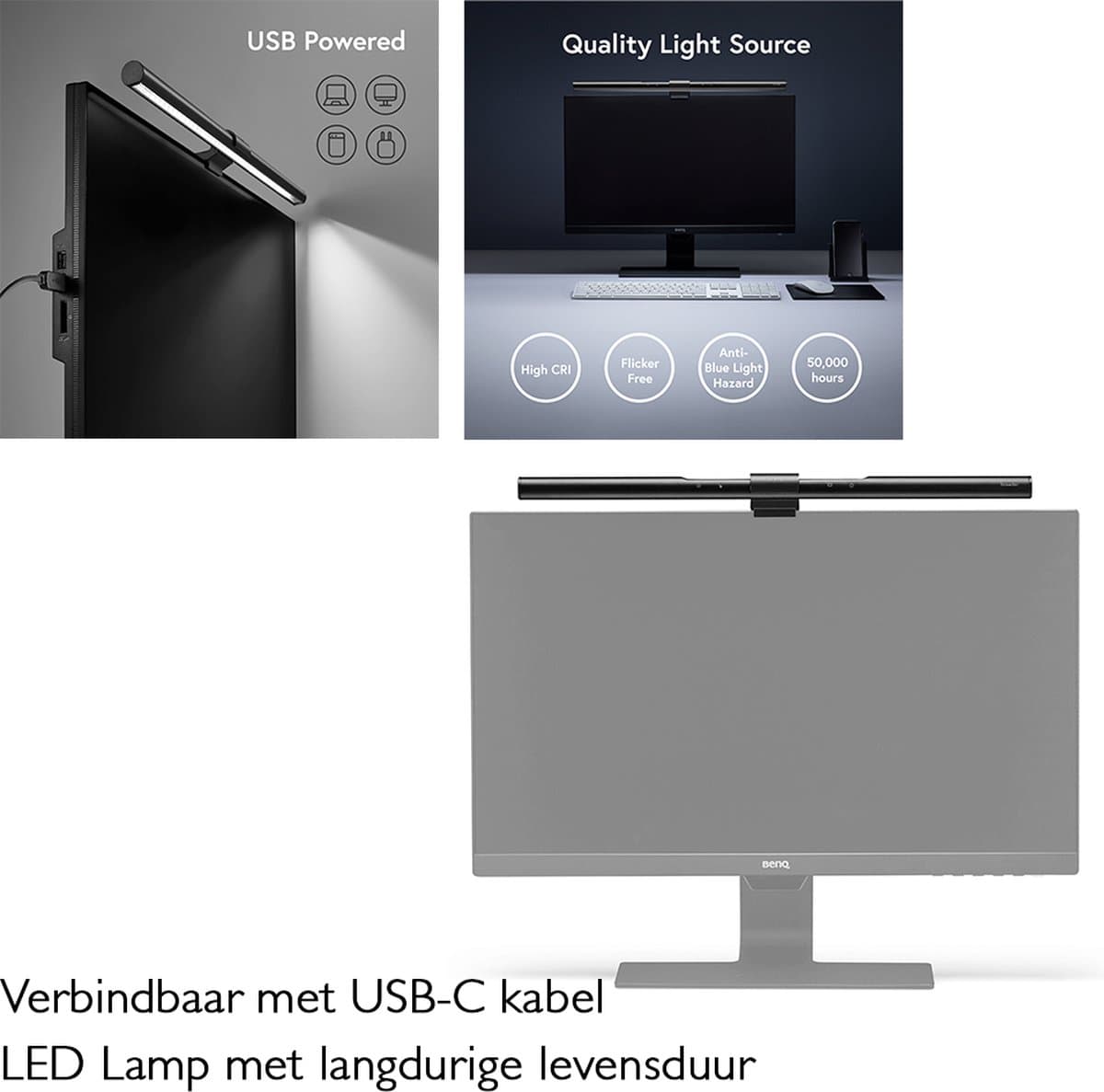 BenQ Screenbar Monitor Lamp - Dimbare LED bureaulamp - USB - Klemlamp met Touch Bediening - Instelbare kleurtemperatuur - Lichtsensor - 45cm - Zwart thumbnail 5