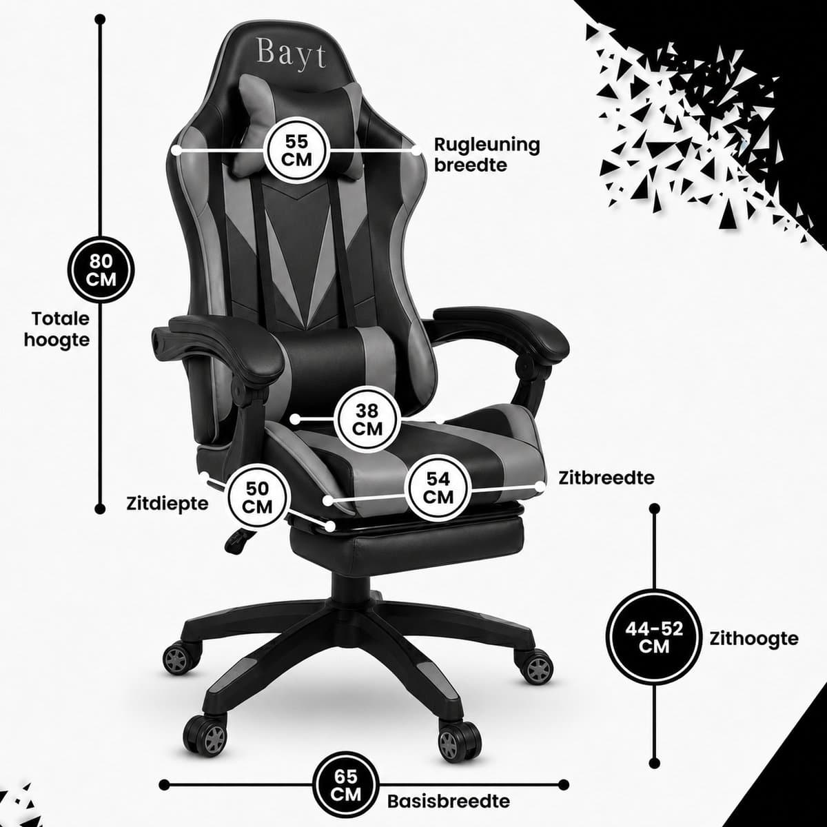 Bayt Gamestoel - Gaming Chair - Gamingstoel - Ergonomische Bureaustoel - Verstelbaar - Zwart en Grijs thumbnail 2