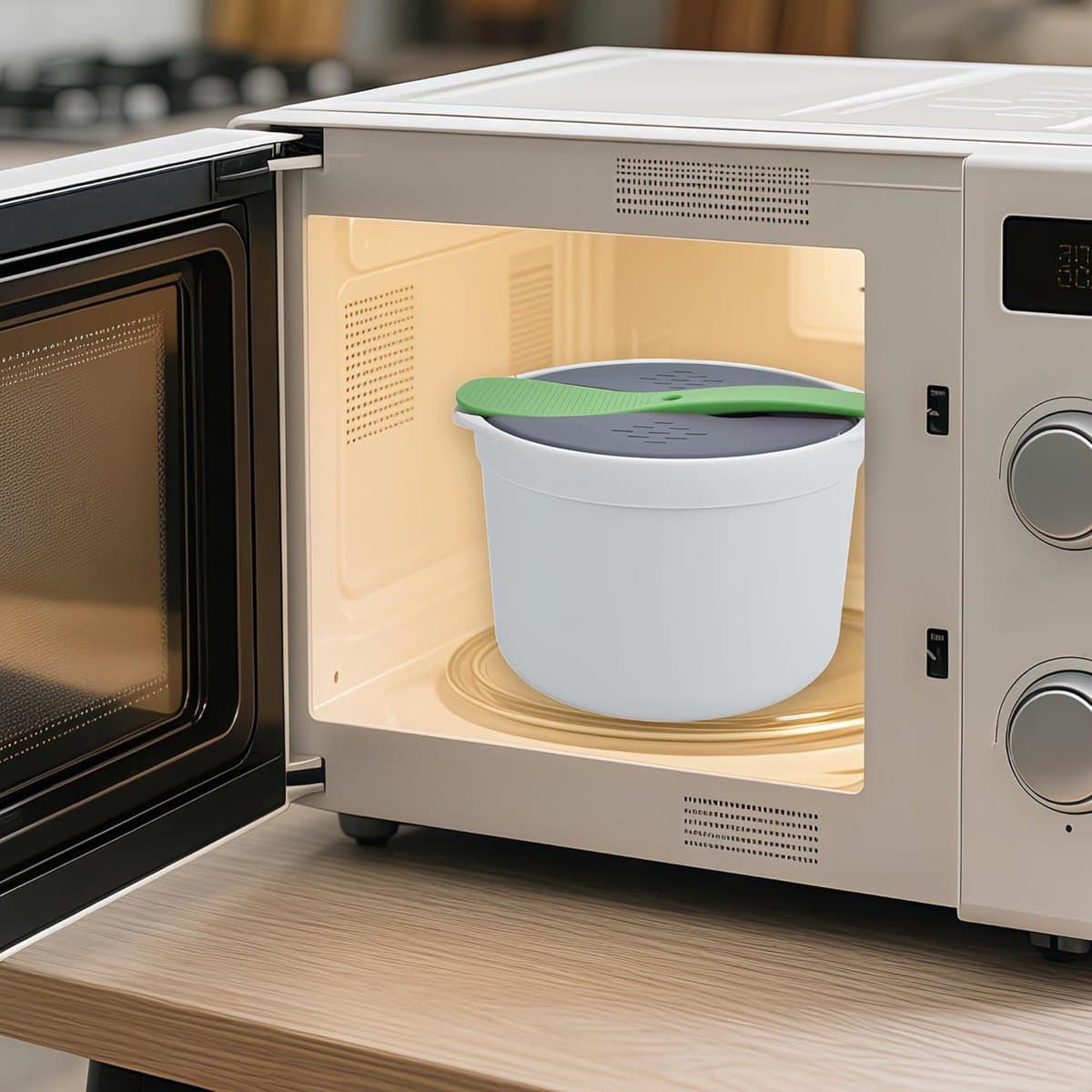 SnelShoppen - Microwave Rice Cooker 2L - Rijststomer, Magnetron Rijstkoker, Stoomkoker voor Groenten, Duurzaam en Geurloos PP Materiaal voor Perfect G thumbnail 6