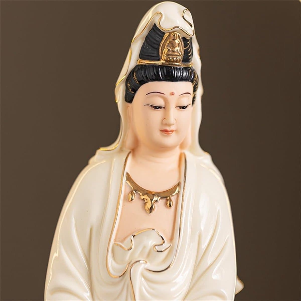 Boeddha Beeld - Zen Decoratie - Interieur Verfraaien - Met Lichtring - 30.5 cm Hoog - Geel Keramiek thumbnail 3