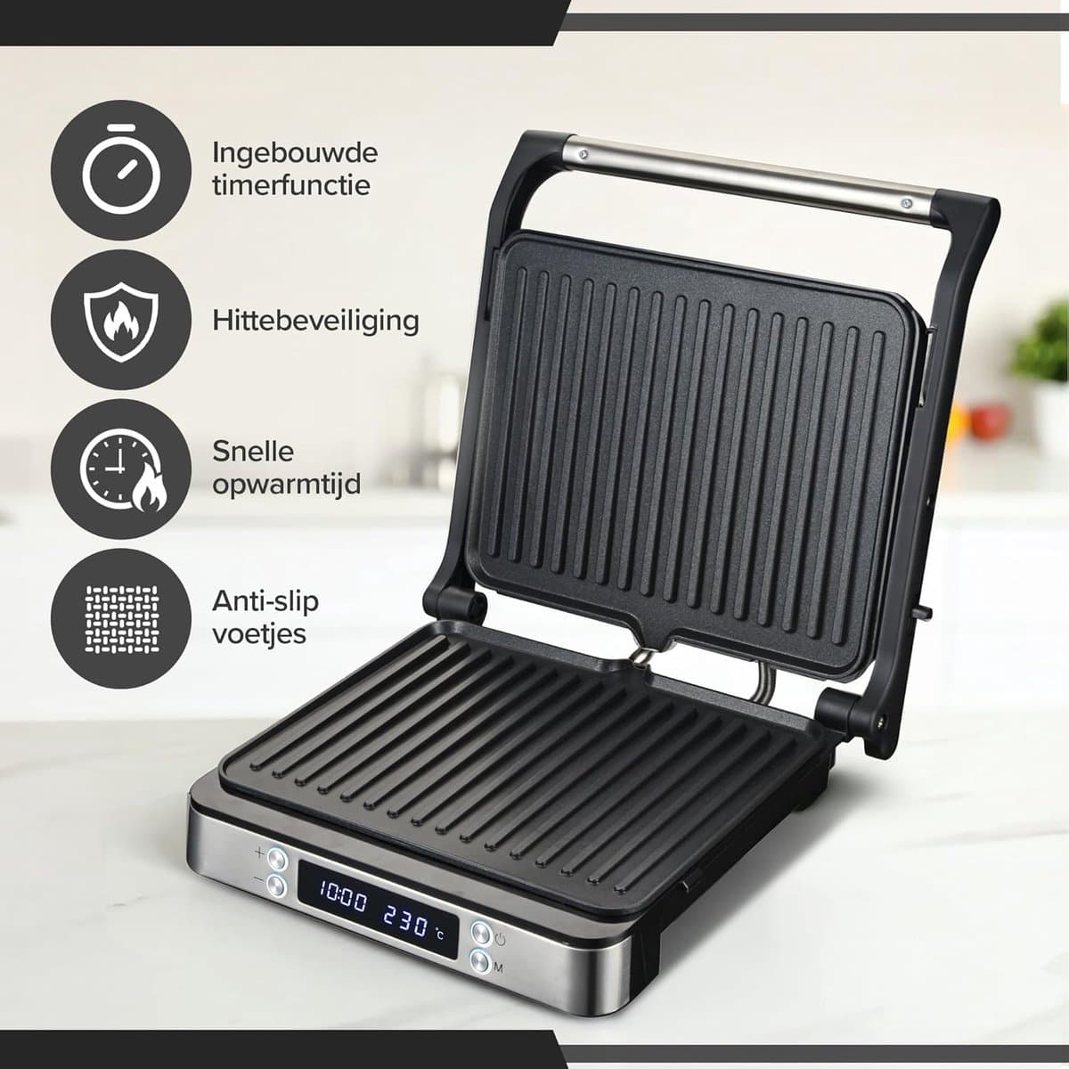 Tosti Apparaat XL - Panini Grill - Grote Tosti's Maken - PFAS Vrij - Voor 4 Tosti's - Silver thumbnail 2
