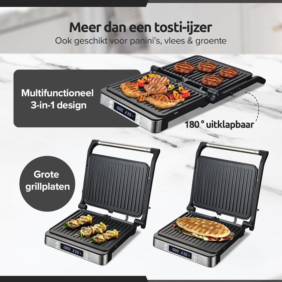 Tosti Apparaat XL - Panini Grill - Grote Tosti's Maken - PFAS Vrij - Voor 4 Tosti's - Silver thumbnail 6