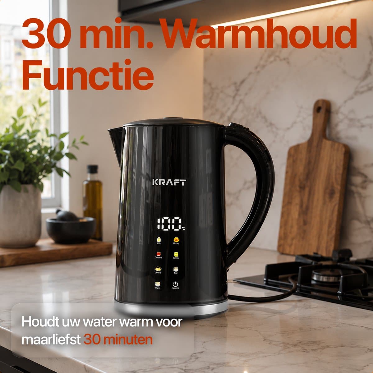 KRAFT Waterkoker met Temperatuurregeling - 1,7 Liter - LED Touch - Zwart - 2200W thumbnail 6