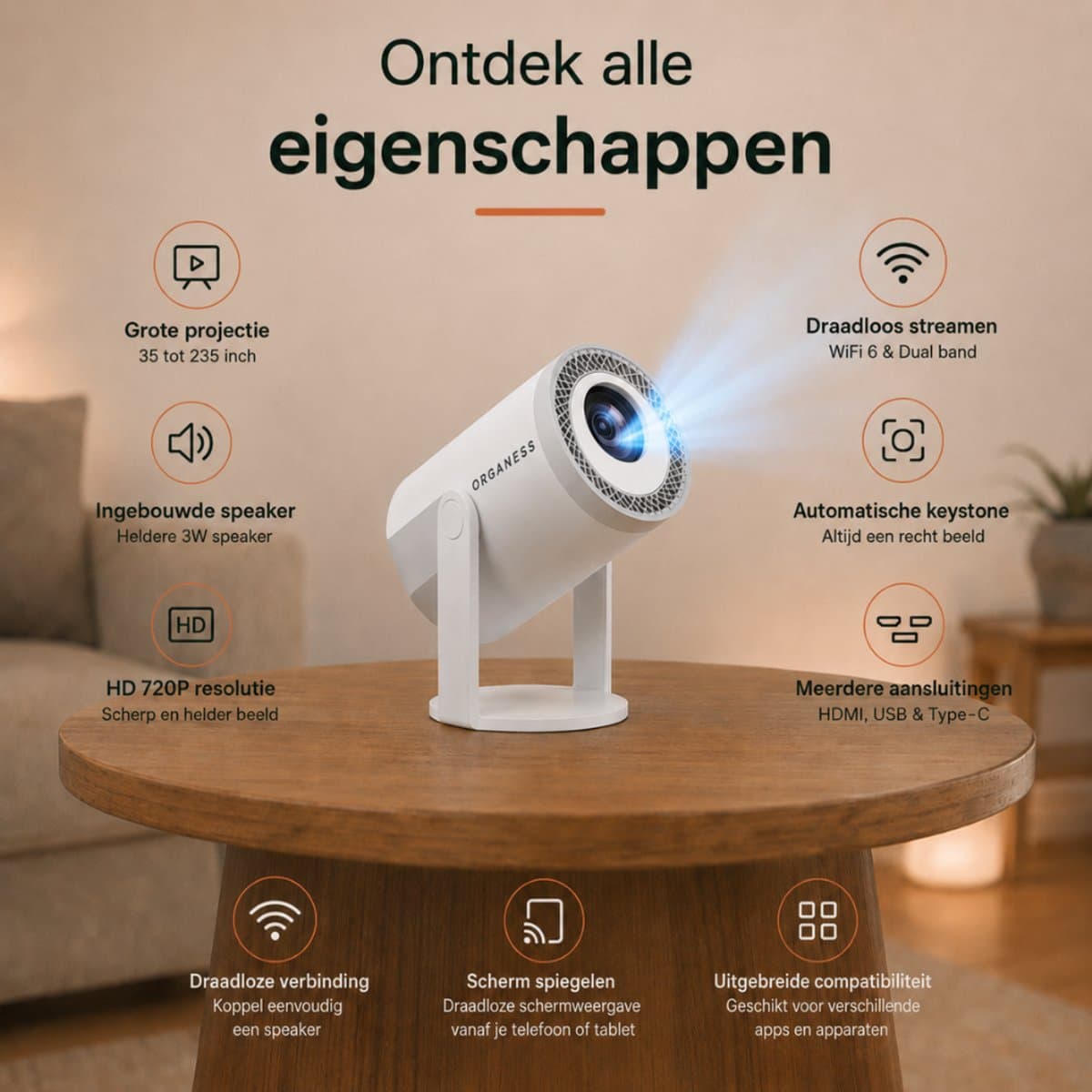 Organess Beamer - Home Cinema - 8k ondersteunend - Projector - besturingssysteem 14.0 - Projector Scherm - Wit thumbnail 4